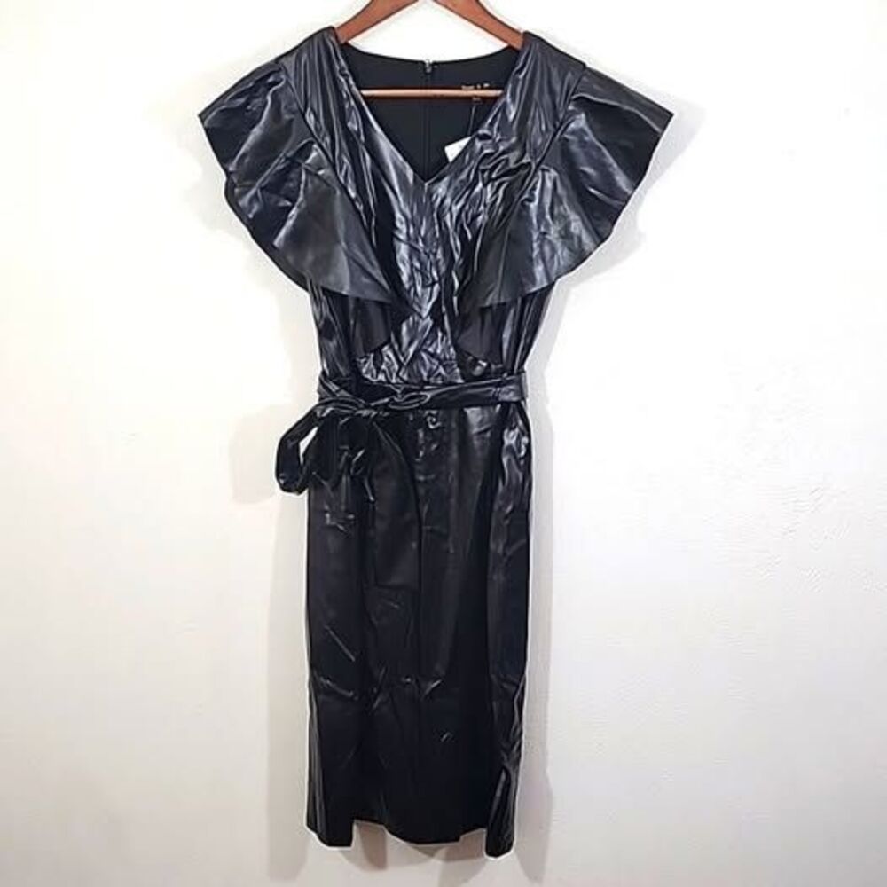 Sami & Jo Vegan Leather ruffled sleeve midi black dress size M